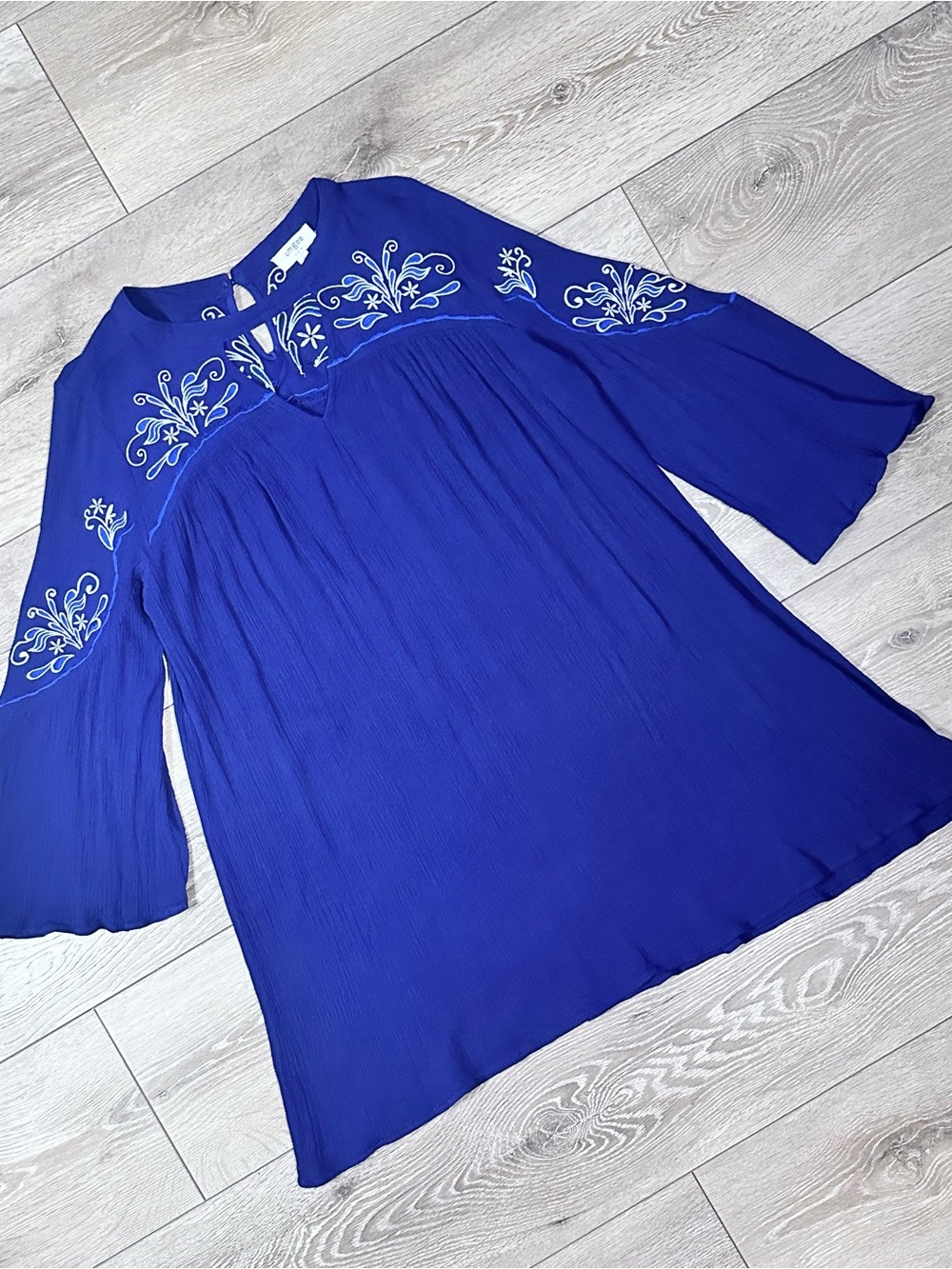 Umgee Navy Crinkle Gauze Floral Embroidered Mini Shift Dress *Read* - Picture 4 of 15